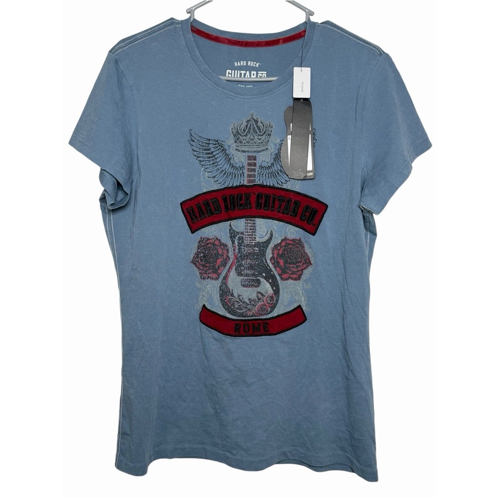 Hard Rock Co Rome Women's Large Blue Graphic Tee NWT Y2K